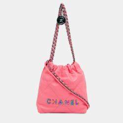 Pre Owned Chanel Pink Mini Shiny Calfskin Rainbow Hardware 22 Handbag