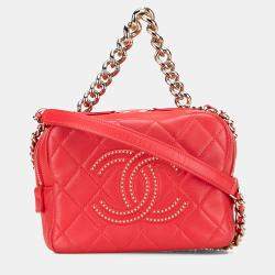Pre Owned Chanel Red Quilted Lambskin Studded Beauty Begins Camera Bag
