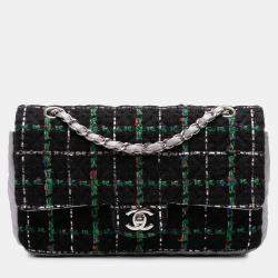 Pre Owned Chanel Black Medium Classic Quilted Tweed and Metallic Lambskin Double Flap