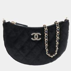Pre Owned Chanel Black CC Quilted Velour Half Moon Chain Crossbody