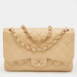 مملوكة مسبقًا حقيبة شانيل ذات قلاب مزدوج كلاسيكي جلد مبلوط بيج كبير الحجم