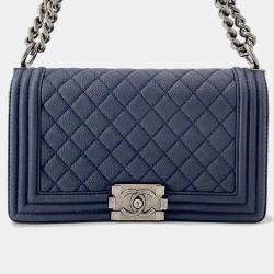 Pre Owned Chanel Boy Chanel Chain shoulder Bag Navy Caviar Leather Size 25