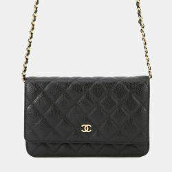 Pre Owned Chanel Matelasse Chain Wallet Black Caviar Leather