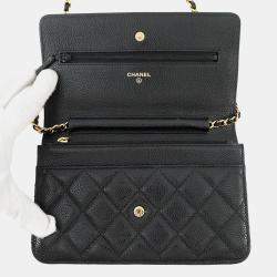 Pre Owned Chanel Matelasse Chain Wallet Black Caviar Leather