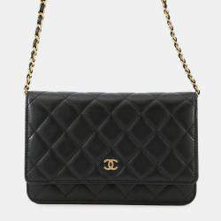 Pre Owned Chanel Matelasse Chain Wallet Black Lambskin