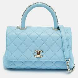 Pre Owned Chanel Light Blue Quilted Caviar Leather Mini Coco Top Handle Bag