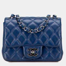 Pre Owned Chanel Blue Mini Square Classic Lambskin Single Flap