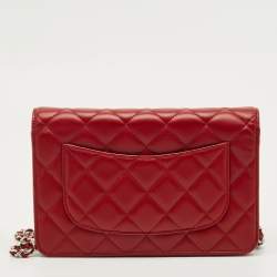 Pre Owned Chanel Red Quilted Leather Classic Wallet on Chain