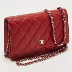 Pre Owned Chanel Red Quilted Leather Classic Wallet on Chain