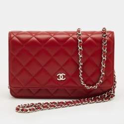 Pre Owned Chanel Red Quilted Leather Classic Wallet on Chain