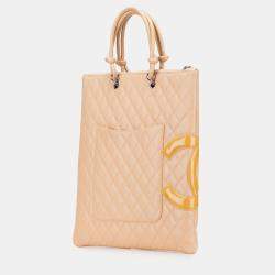 Pre Owned Chanel Beige Quilted Lambskin Cambon Ligne Flat Tote