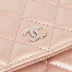 Pre Owned Chanel Pink Quilted Iridescent Lambskin Wallet on Chain