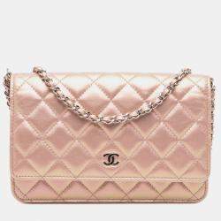 Pre Owned Chanel Pink Quilted Iridescent Lambskin Wallet on Chain
