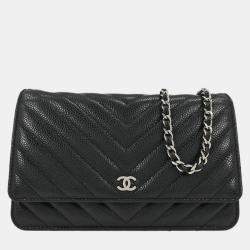 Pre Owned Chanel Black Calfskin Chevron Classic WOC Wallet On Chain
