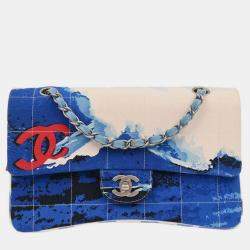 Pre Owned Chanel Blue Canvas Surf Line Choco Bar Shoulder Bag