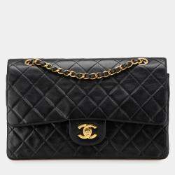 Pre Owned Chanel Black Medium Classic Lambskin Double Flap