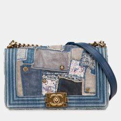 Pre Owned Chanel Blue Old Medium Denim Patchwork Boy Bag