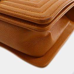 Pre Owned Chanel Brown Small Quilted Caviar Boy Flap
