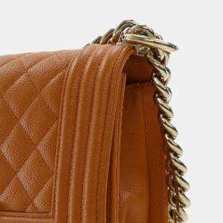 Pre Owned Chanel Brown Small Quilted Caviar Boy Flap
