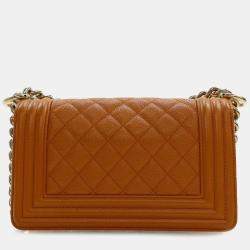 Pre Owned Chanel Brown Small Quilted Caviar Boy Flap