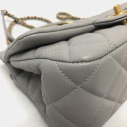 Pre Owned Chanel Lady Handle Small Grey Calfskin Quilted Clutch With Chain