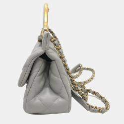 Pre Owned Chanel Lady Handle Small Grey Calfskin Quilted Clutch With Chain