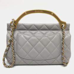 Pre Owned Chanel Lady Handle Small Grey Calfskin Quilted Clutch With Chain