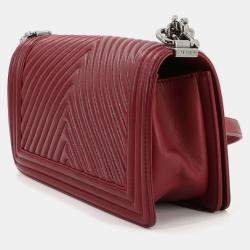 Pre Owned Chanel Boy Red Leather Chevron V-Stitch Chain Shoulder Bag