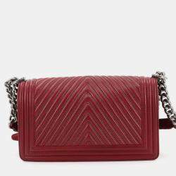 Pre Owned Chanel Boy Red Leather Chevron V-Stitch Chain Shoulder Bag