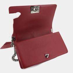 Pre Owned Chanel Boy Red Leather Chevron V-Stitch Chain Shoulder Bag