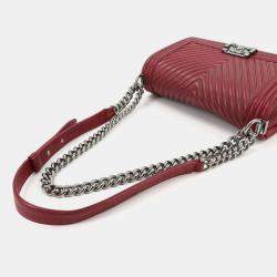 Pre Owned Chanel Boy Red Leather Chevron V-Stitch Chain Shoulder Bag
