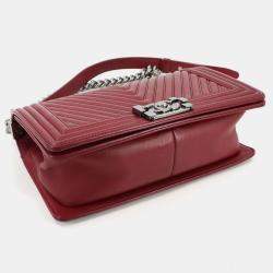 Pre Owned Chanel Boy Red Leather Chevron V-Stitch Chain Shoulder Bag