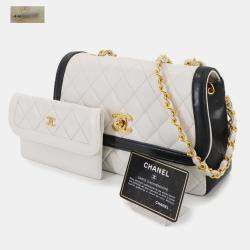 Pre Owned Chanel Turnlock CC White/Black Leather Flap Bag