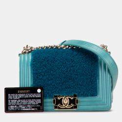 Pre Owned Chanel Blue Small Shearling Boy Flap