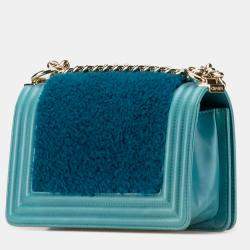 Pre Owned Chanel Blue Small Shearling Boy Flap