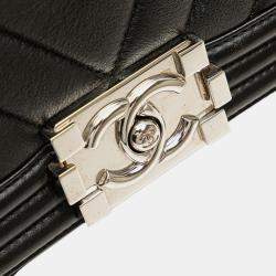 Pre Owned Chanel Black Old Medium Chevron Calfskin Boy Flap