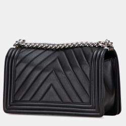 Pre Owned Chanel Black Old Medium Chevron Calfskin Boy Flap