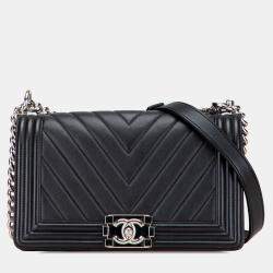 Pre Owned Chanel Black Old Medium Chevron Calfskin Boy Flap