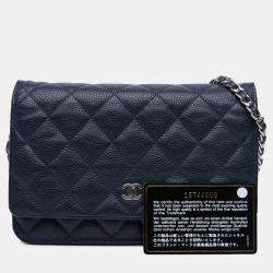Pre Owned Chanel Navy Blue CC Quilted Caviar Wallet on Chain