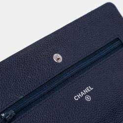 Pre Owned Chanel Navy Blue CC Quilted Caviar Wallet on Chain