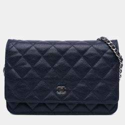 Pre Owned Chanel Navy Blue CC Quilted Caviar Wallet on Chain