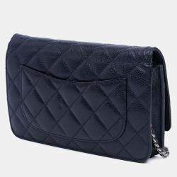 Pre Owned Chanel Navy Blue CC Quilted Caviar Wallet on Chain