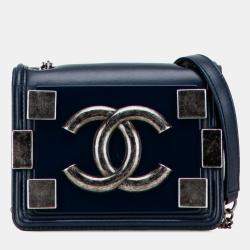 Pre Owned Chanel Navy Blue Mini Acrylic and Calfskin Boy Brick Flap