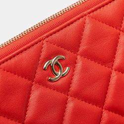 Pre Owned Chanel Red Large Quilted Lambskin O Case Clutch