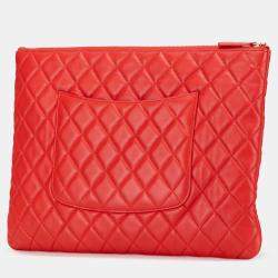 Pre Owned Chanel Red Large Quilted Lambskin O Case Clutch