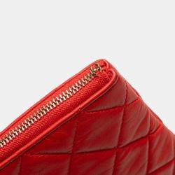 Pre Owned Chanel Red Large Quilted Lambskin O Case Clutch