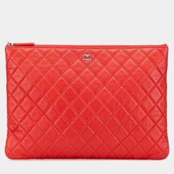 Pre Owned Chanel Red Large Quilted Lambskin O Case Clutch