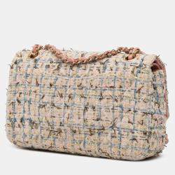 Pre Owned Chanel Pink Medium Classic Boucle Tweed Double Flap