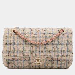 Pre Owned Chanel Pink Medium Classic Boucle Tweed Double Flap