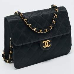 Pre Owned Chanel Black Quilted Satin Vintage Flap Bag